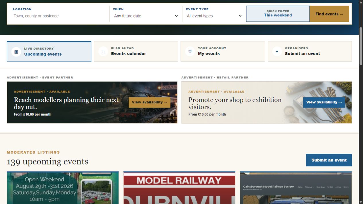 Advertising banners above event listings in The Model Line events directory