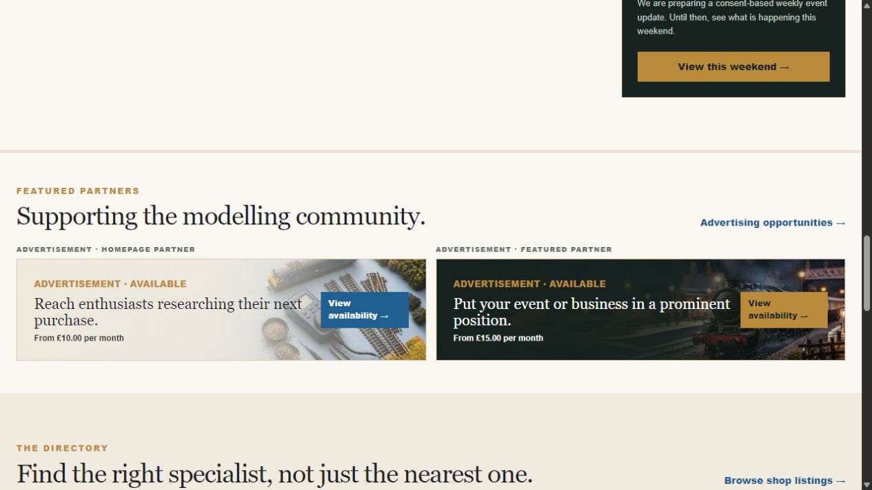 Partner and featured partner advertising banners on The Model Line homepage