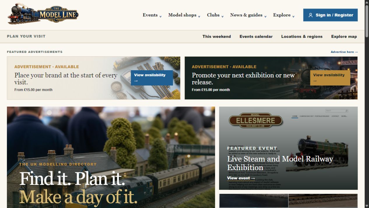 Premium advertising banners at the top of The Model Line homepage