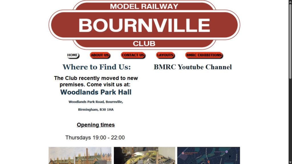 Screenshot of the official website for Model Railway Exhibition Bournville Model Railway Club