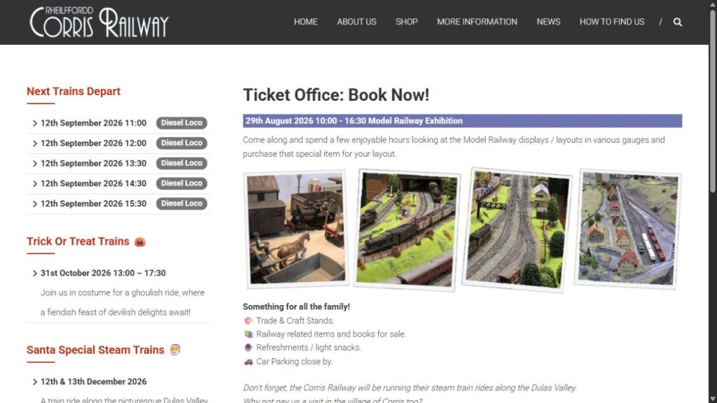 Screenshot of the official website for Corris Railway Model Railway Exhibition
