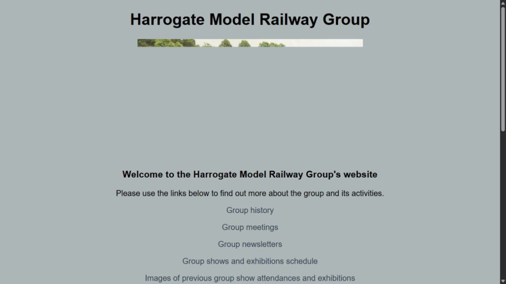 Screenshot of the official website for Harrogate Model Railway Group Annual Exhibition