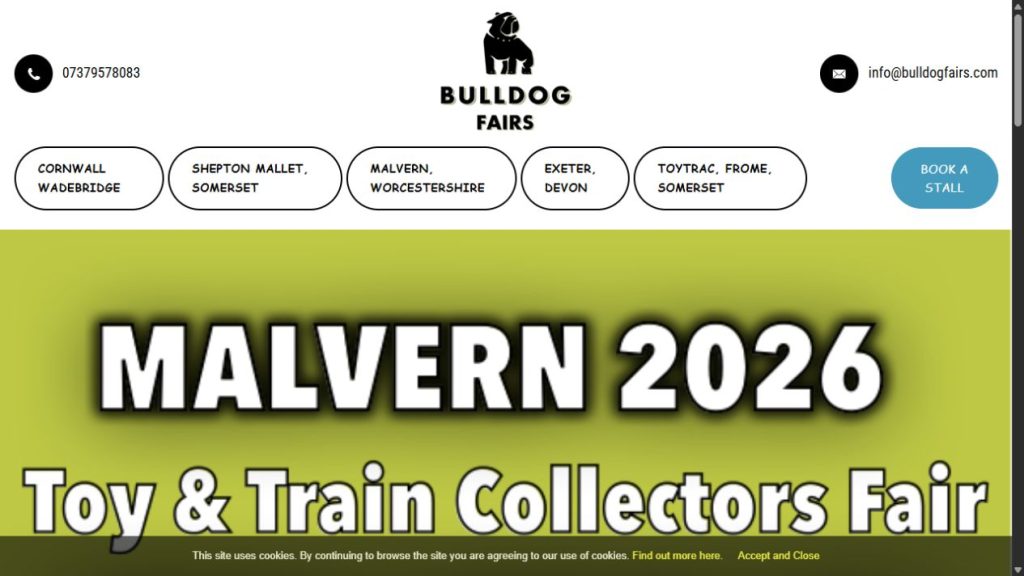 Screenshot of the official website for MALVERN TOY & TRAIN COLLECTORS FAIR