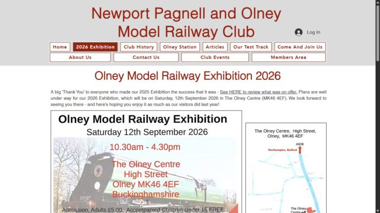 Screenshot of the official website for Olney Model Railway Exhibition 2026