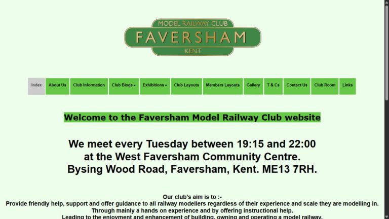 Screenshot of the official website for Faversham Model Railway Exhibition