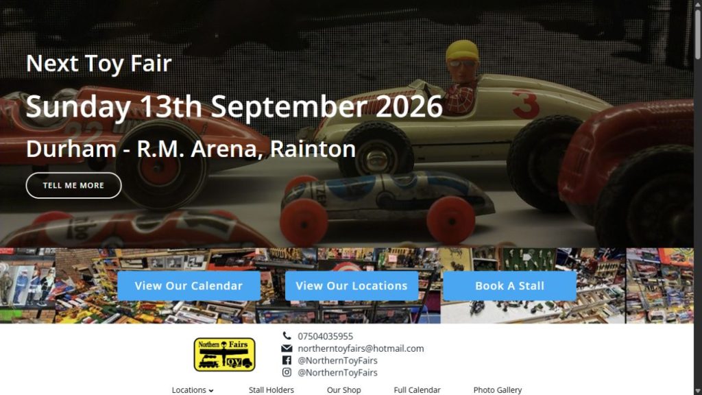 Screenshot of the official website for Rainton Toy, Train & Sci-Fi Fair