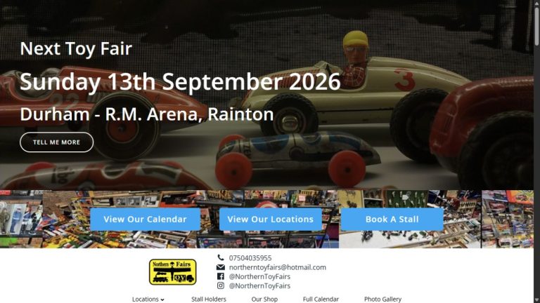 Screenshot of the official website for Rainton Toy, Train & Sci-Fi Fair