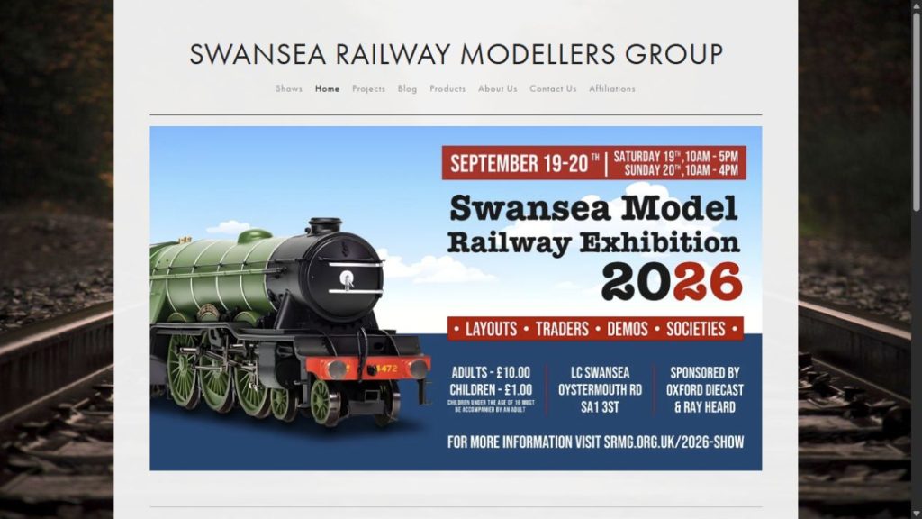 Screenshot of the official website for Swansea Model Railway Exhibition