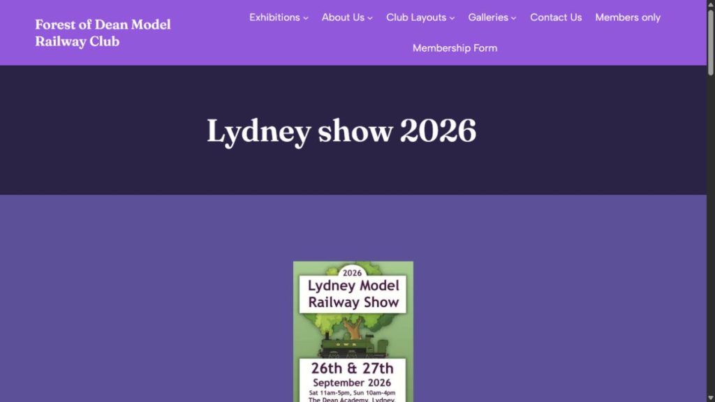 Screenshot of the official website for Lydney Model Railway Exhibition 2026