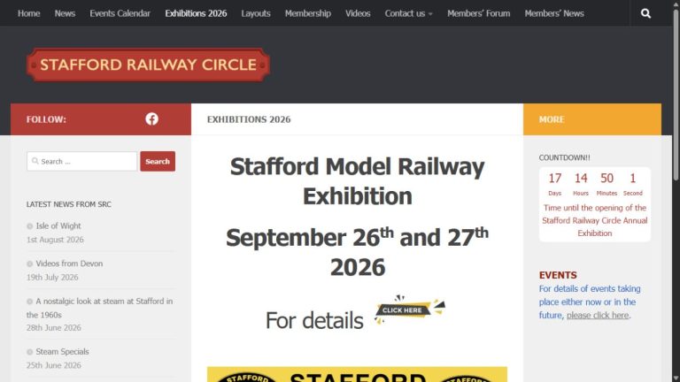 Screenshot of the official website for Stafford Model Railway Exhibition