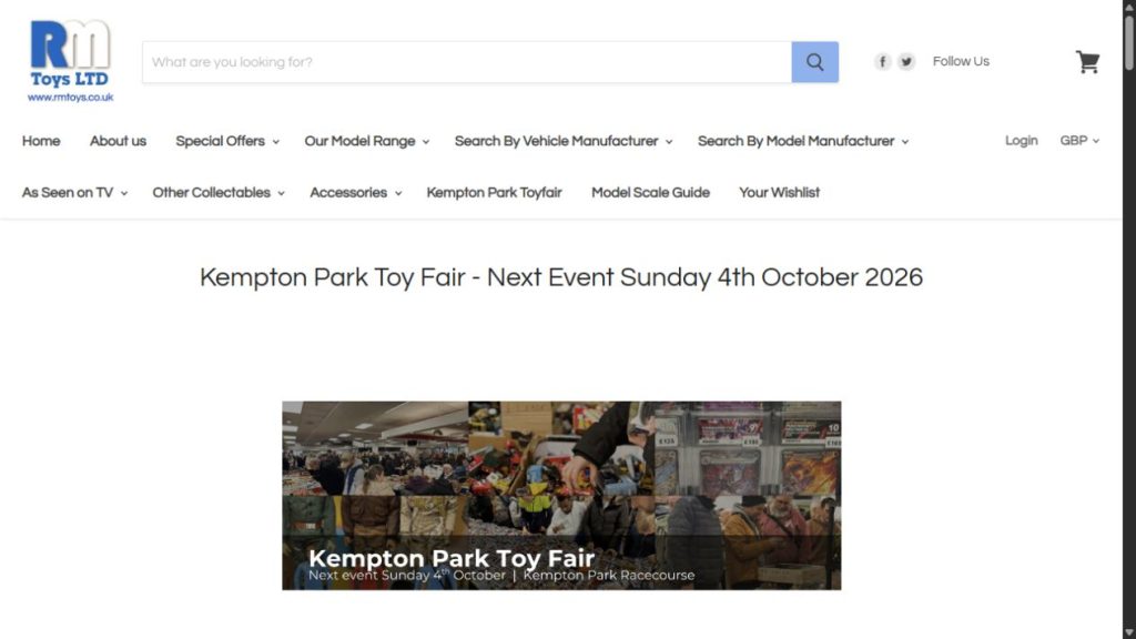 Screenshot of the official website for Kempton Park Toy Fair