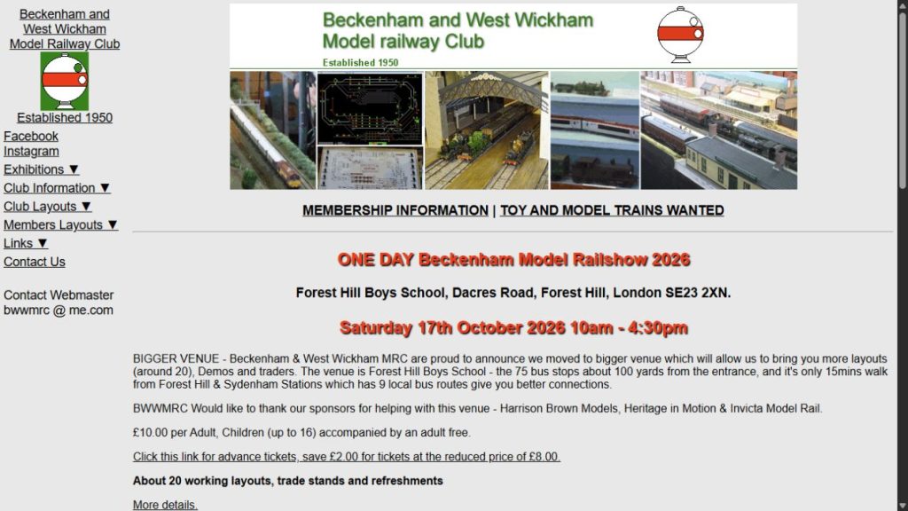 Screenshot of the official website for South East London Largest One Day Model Railway Show