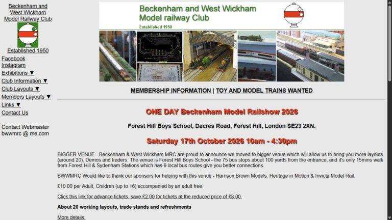 Screenshot of the official website for South East London Largest One Day Model Railway Show