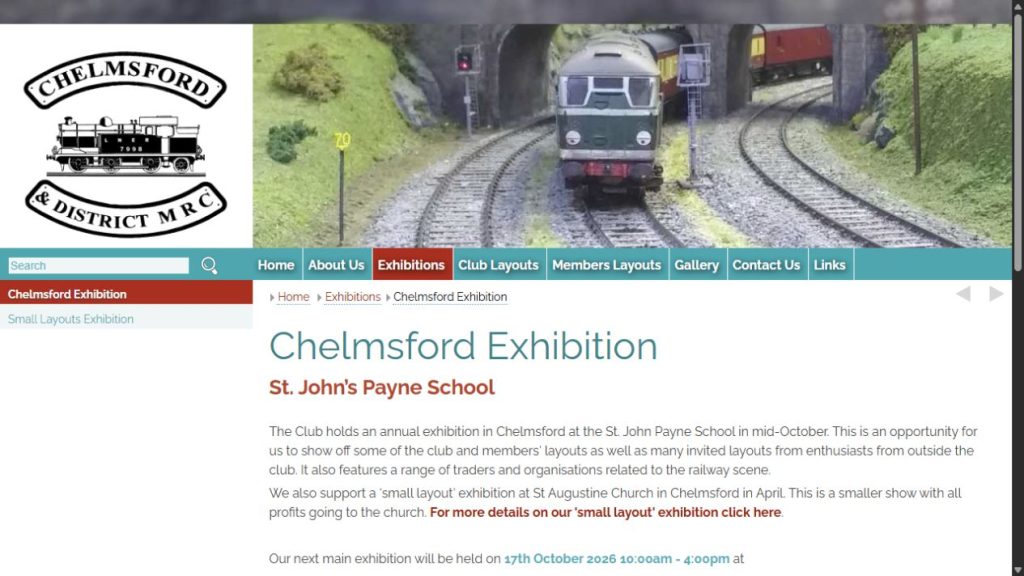 Screenshot of the official website for Chelmsford Model Railway Exhibition