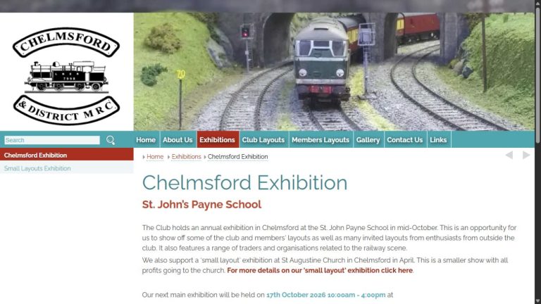 Screenshot of the official website for Chelmsford Model Railway Exhibition