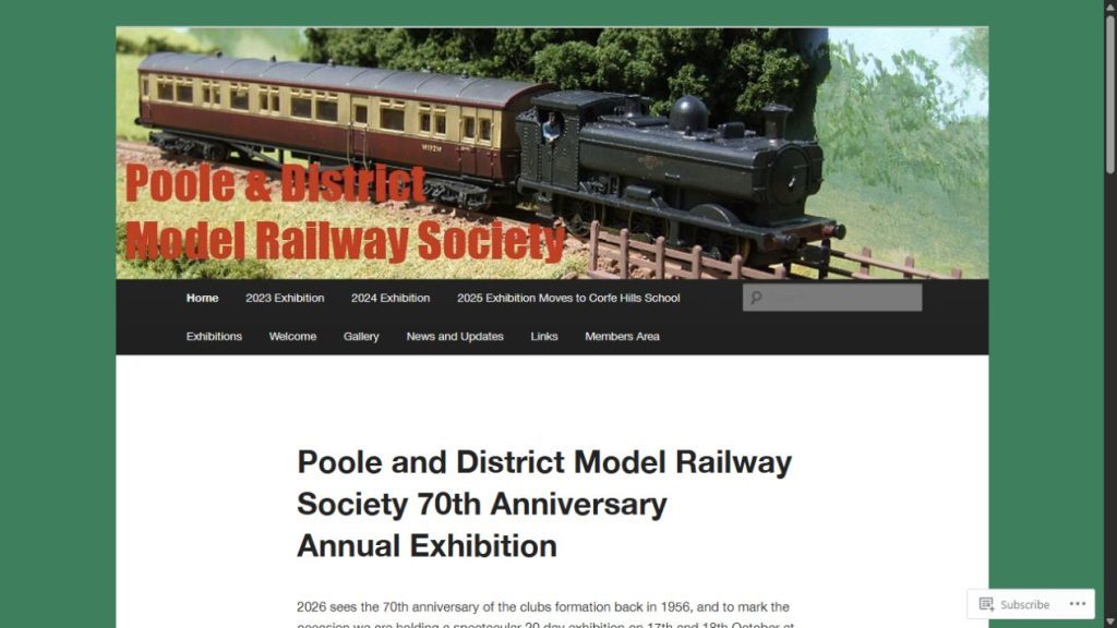 Screenshot of the official website for Poole and District Model Railway Society 70th Anniversary Exhibition