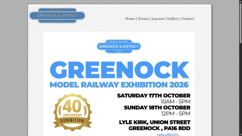 Screenshot of the official website for Greenock Model Railway Show 2026