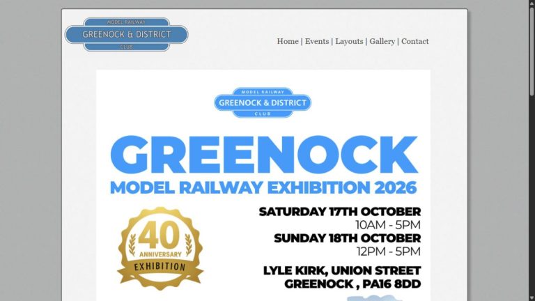 Screenshot of the official website for Greenock Model Railway Show 2026