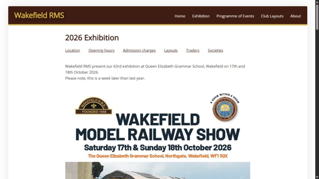 Screenshot of the official website for Wakefield Model Railway Exhibition