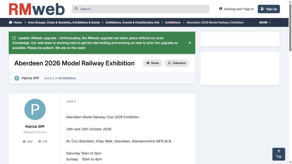 Screenshot of the official website for Aberdeen 2026 Model Railway Exhibition