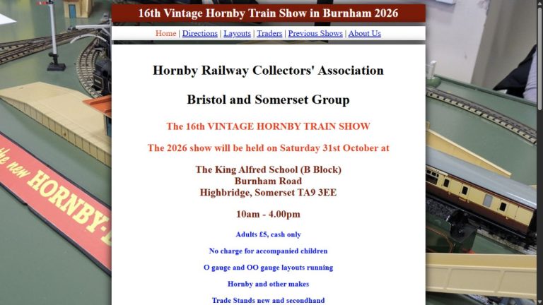 Screenshot of the official website for Sixteenth Vintage Hornby Train Show