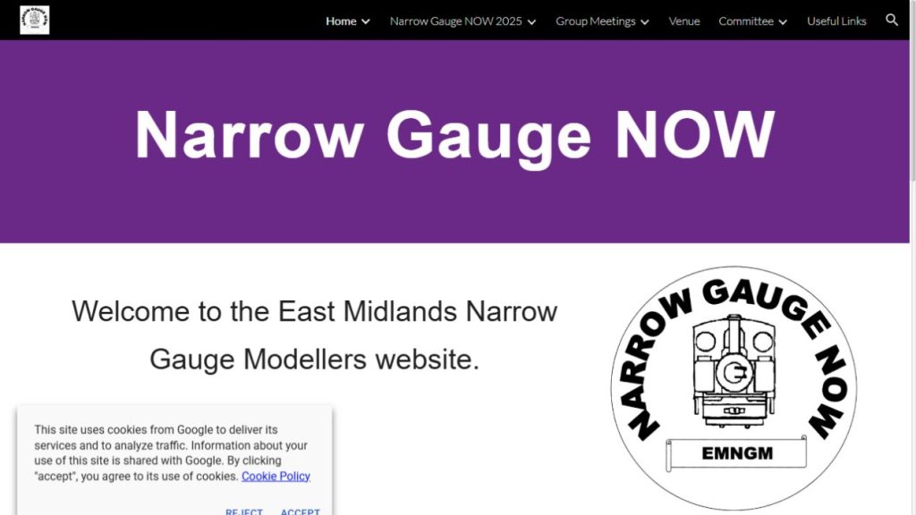 Screenshot of the official website for Narrow Gauge Now