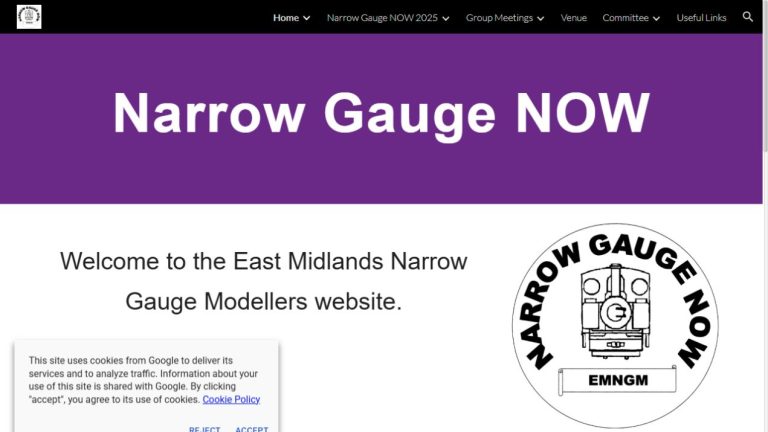 Screenshot of the official website for Narrow Gauge Now
