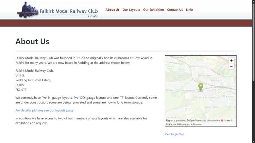 Screenshot of the official website for Falkirk Model Railway Exhibition