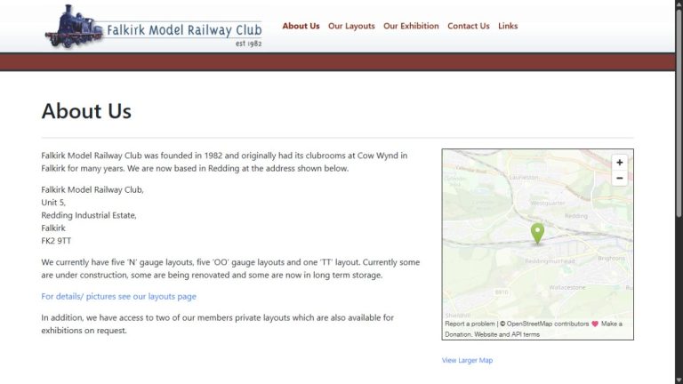 Screenshot of the official website for Falkirk Model Railway Exhibition