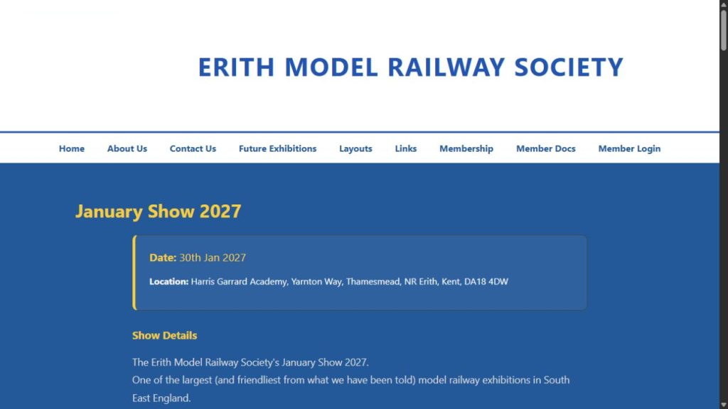 Screenshot of the official website for Thamesmead Model Railway Exhibition 2027