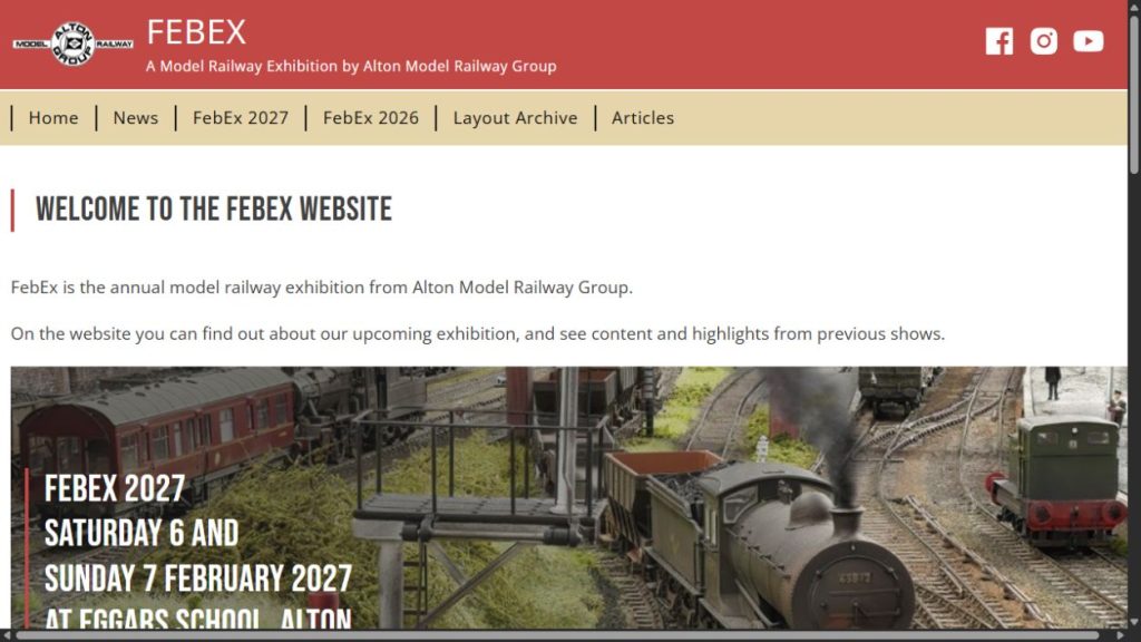 Screenshot of the official website for FebEx 2027 – Alton Model Railway Exhibition