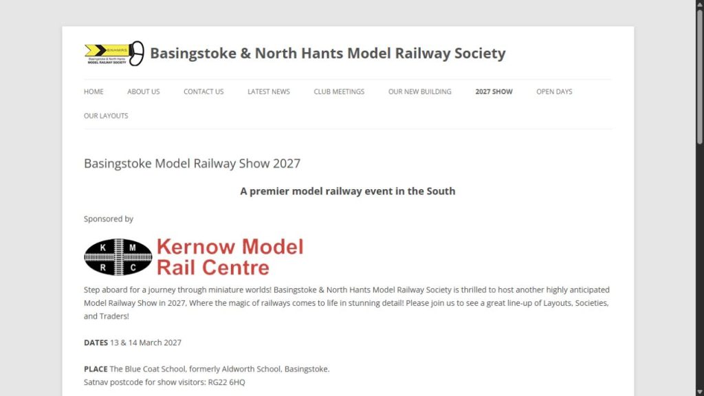 Screenshot of the official website for Basingstoke Model Railway Show 2027