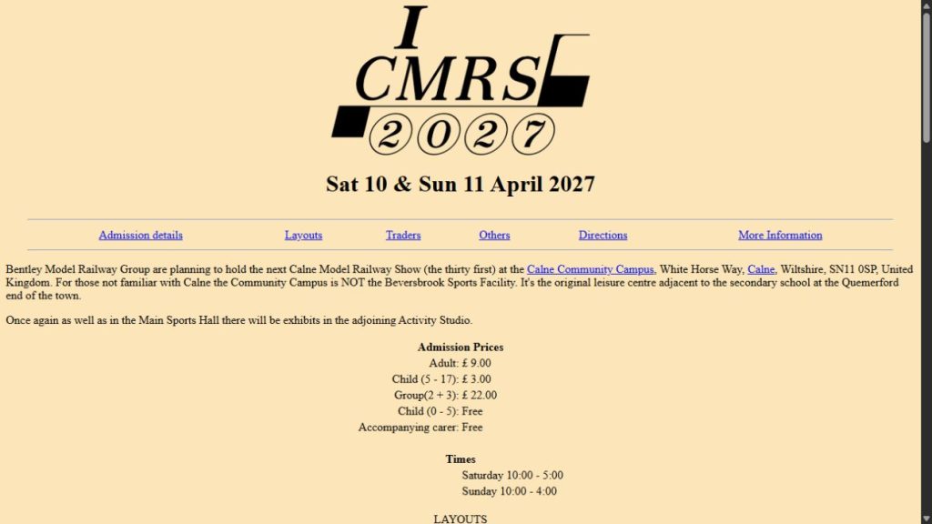Screenshot of the official website for Calne Model Railway Show 2027