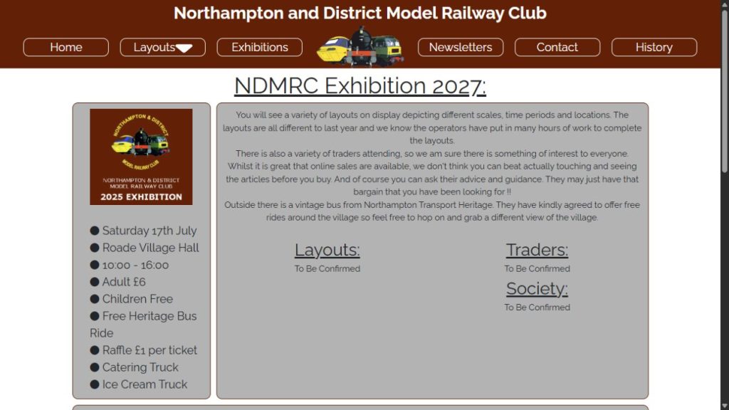 Screenshot of the official website for Northampton & District Model Railway Club Exhibition 2027
